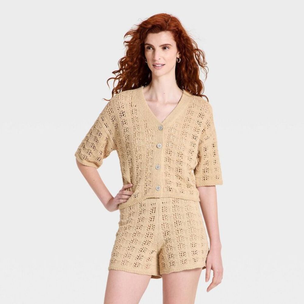 Women's Short Sleeve Cardigan Sweater - Tan L